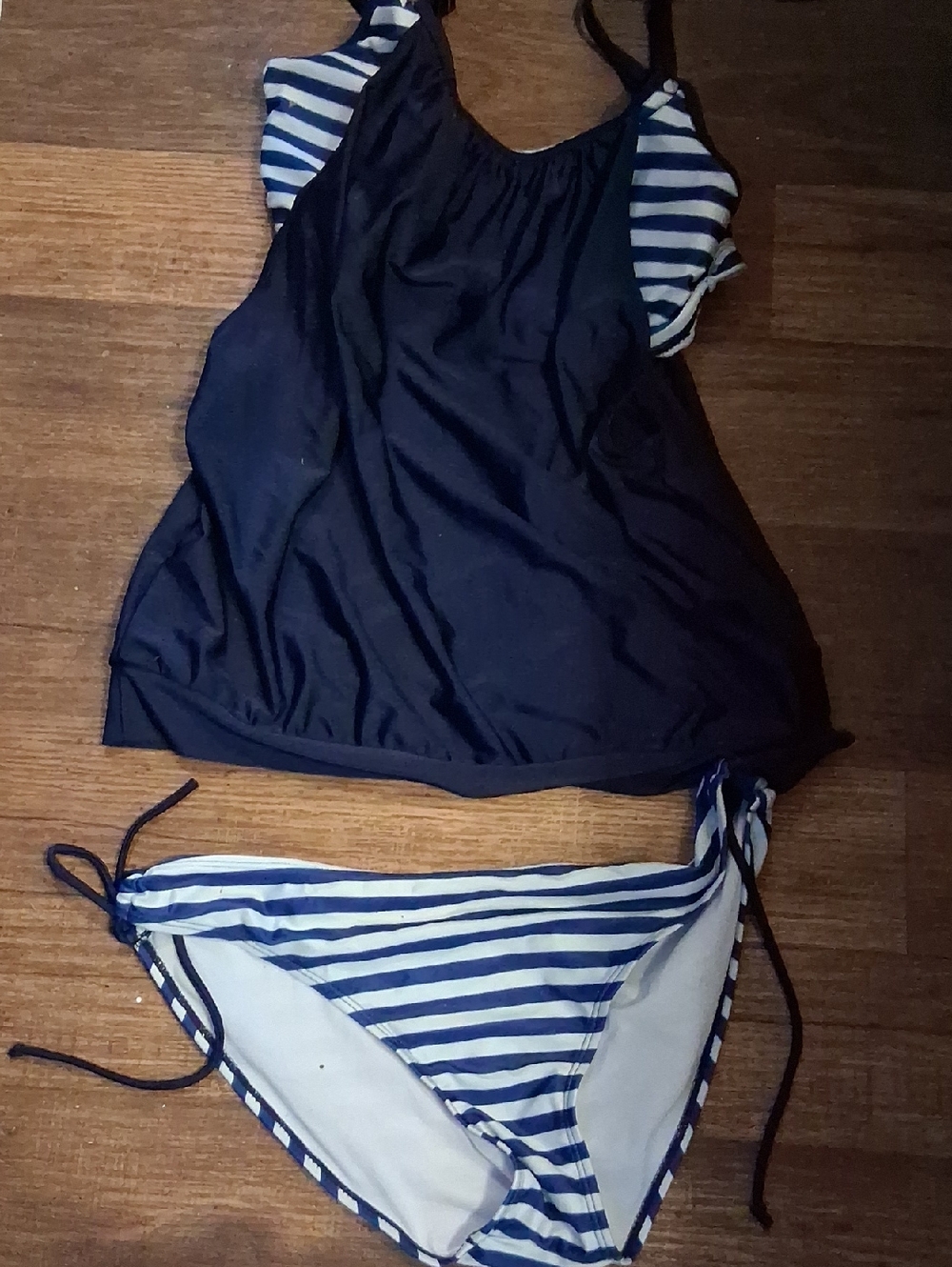 Navy Blue Tankini with Blue & White Striped Bottom